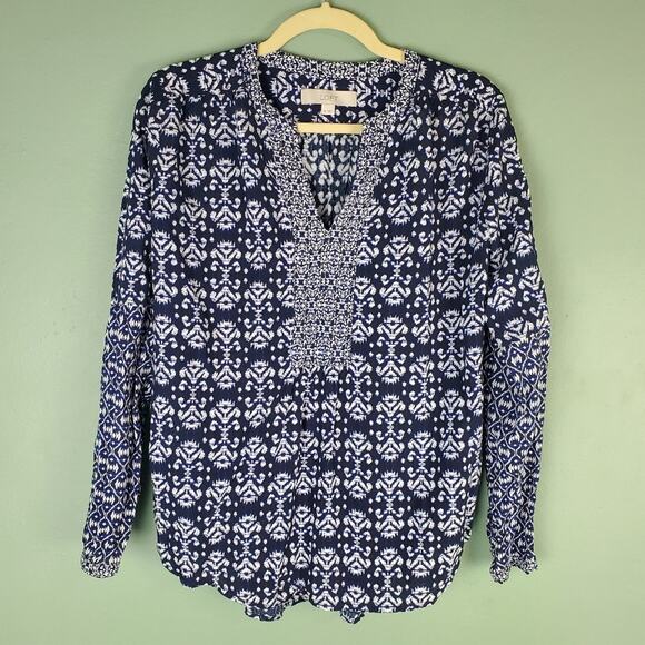 Ann Taylor Loft Blue Mosaic Split Neck Blouse Size Medium - Picture 1 of 8